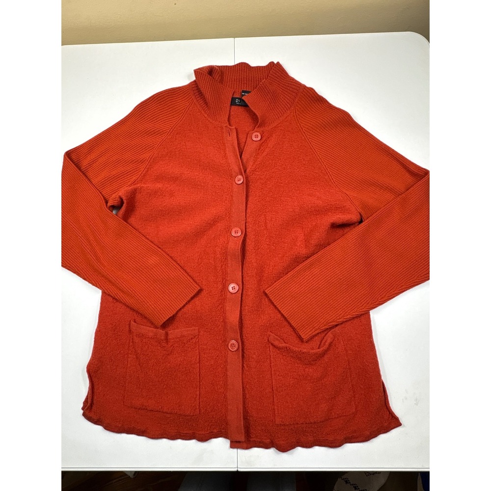 Dialogue Orange Wool Ribbed Raglan‎ Sleeve Mock Neck Button Cardigan Large
